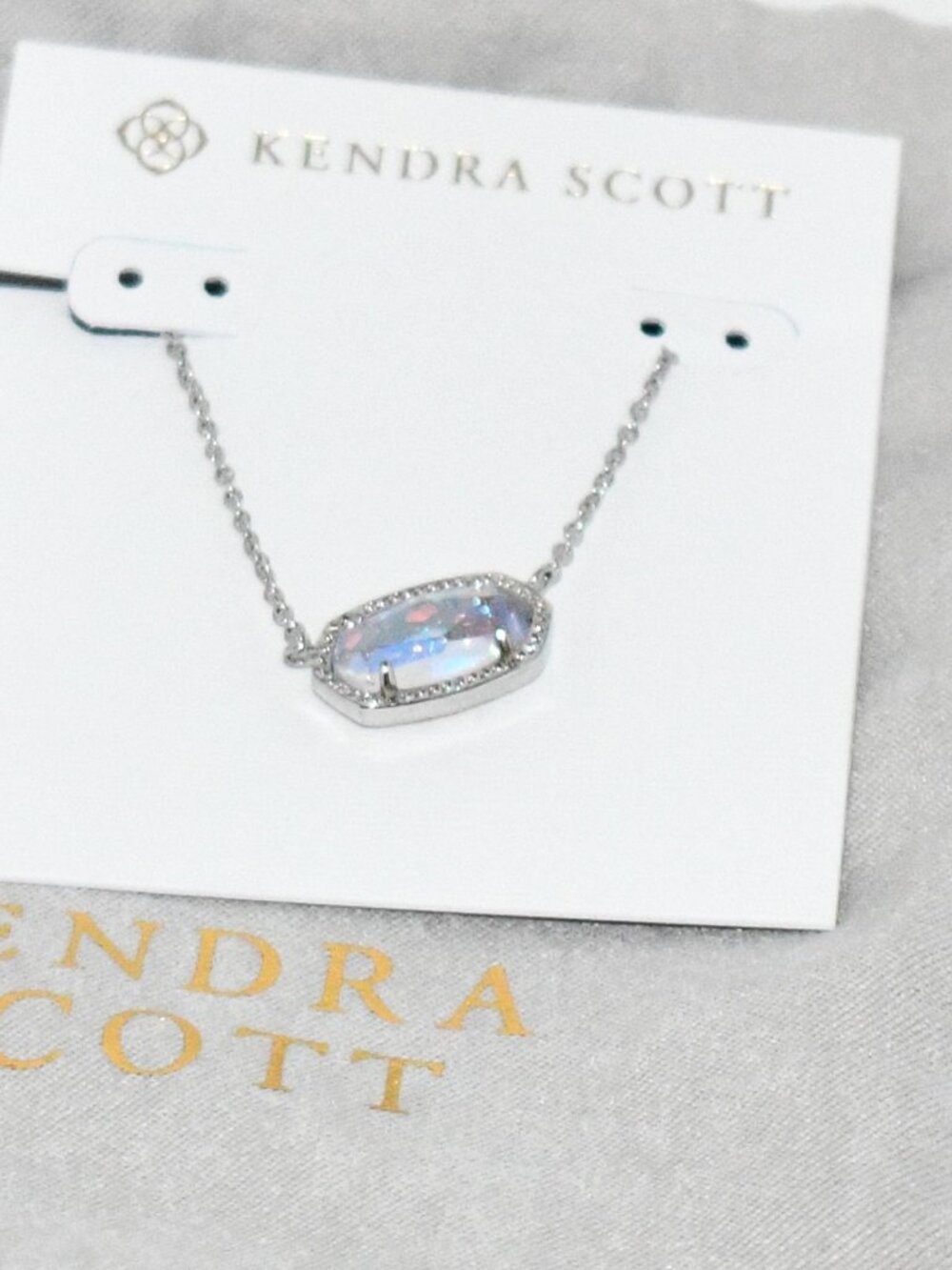 Kendra Scott Elisa Silver Pendant Necklace Blue Color Shift Stone Crystal NWT